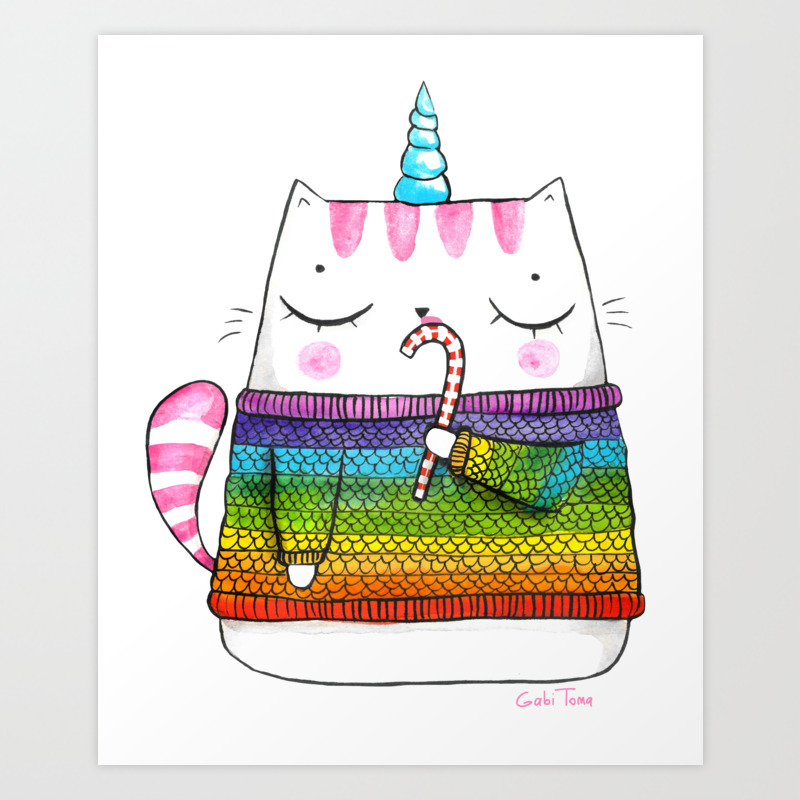 Rainbow Caticorn Eating A Candy Cane Art Print By Gabitoma Society6