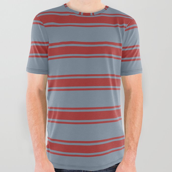 Light Slate Gray & Brown Colored Pattern of Stripes All Over Graphic Tee