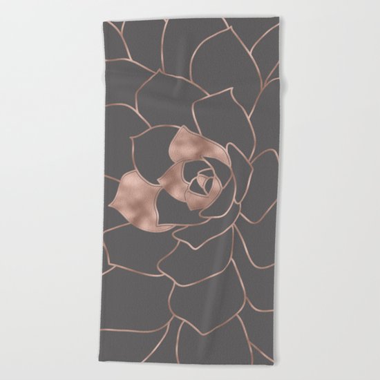 Rosegold blossom on grey - Pink metal-effect flower Beach Towel