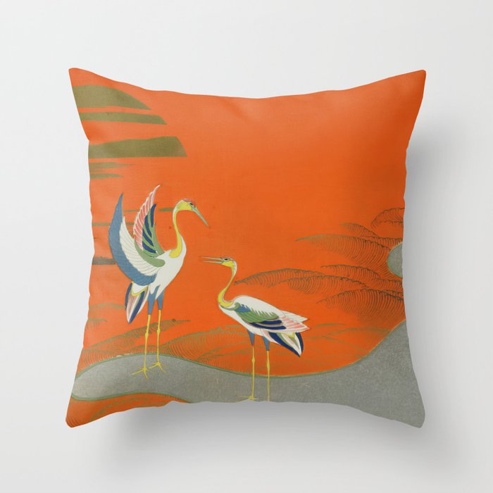 Japanese Woodblock art Birds at sunset on the lake Kamisaka Sekka Throw Pillow