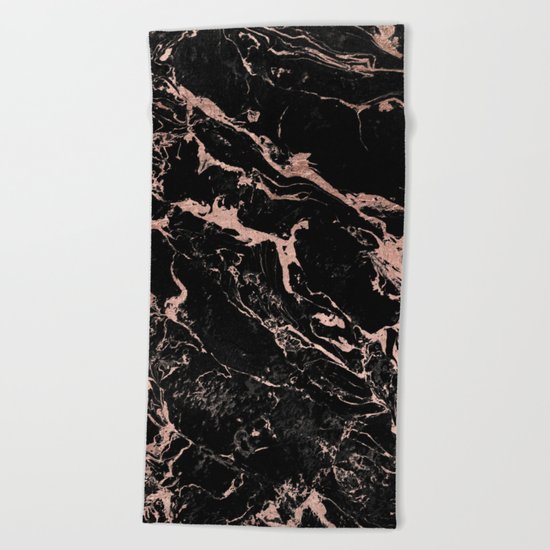 Modern girly faux rose gold foil black marble Beach Towel