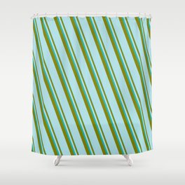[ Thumbnail: Light Sea Green, Green & Powder Blue Colored Lined/Striped Pattern Shower Curtain ]