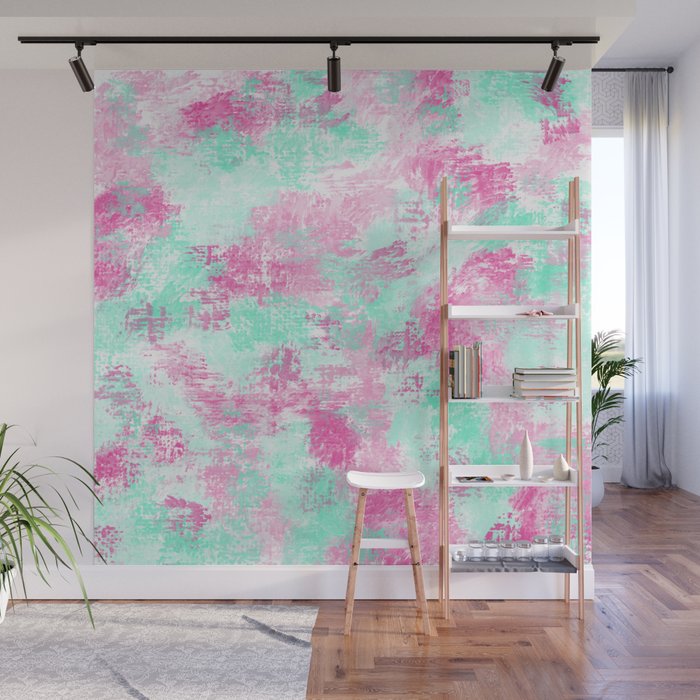 Modern Girly Bright Pink Teal Paint Splotches Wall Mural By Lafemmeart