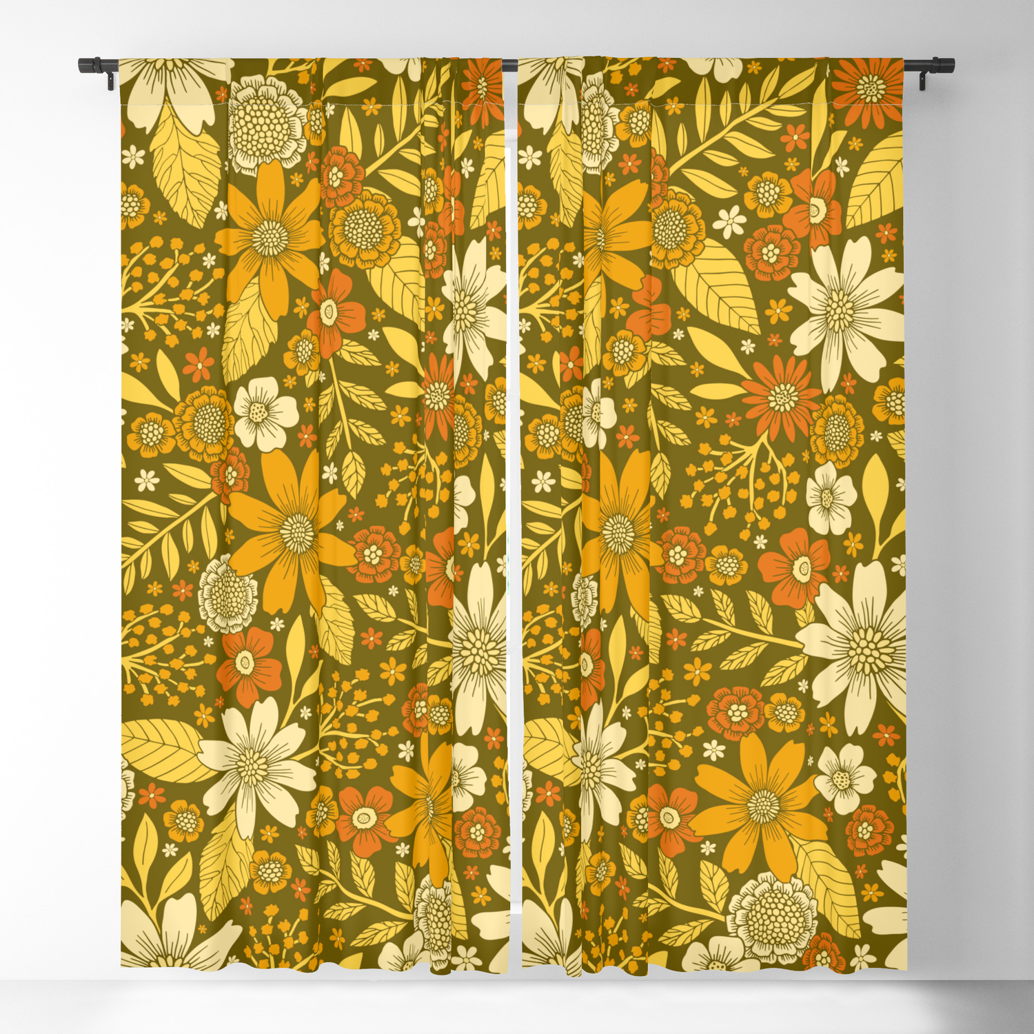 Orange & Olive Green by Beth Norton on Shower Curtain Society6 1970s Retro Flowers Pattern in Yellow