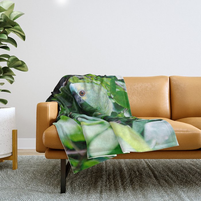 Brazil Photography - Green Parrot Camouflaged In The Green Leaves Throw Blanket