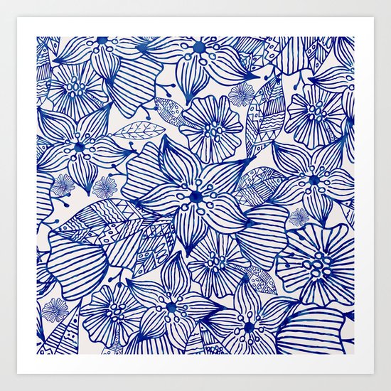 Hand painted royal blue white watercolor floral illustration Art Print