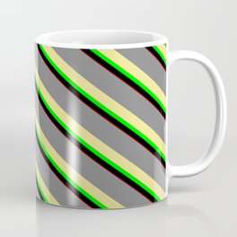 [ Thumbnail: Colorful Gray, Tan, Lime, Black & Maroon Colored Stripes/Lines Pattern Coffee Mug ]