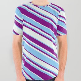[ Thumbnail: Purple, Mint Cream, and Light Sky Blue Colored Lined/Striped Pattern All Over Graphic Tee ]