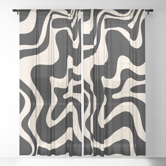 Retro Liquid Swirl Abstract in Black and Almond Cream  Sheer Curtain