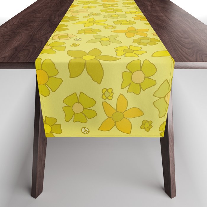 retro flower vintage vibes 70s mustard yellow by surfy birdy Table Runner