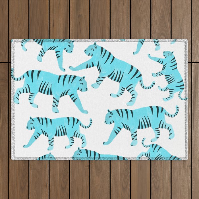Tiger Power - white and blue Outdoor Rug