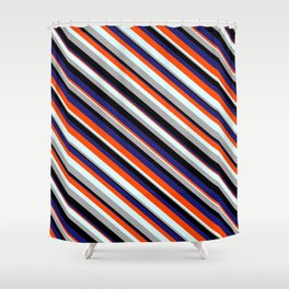[ Thumbnail: Eye-catching Red, Light Cyan, Dark Grey, Black, and Midnight Blue Colored Stripes Pattern Shower Curtain ]