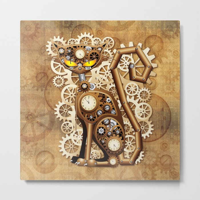 Steampunk Cat Vintage Style Metal Print