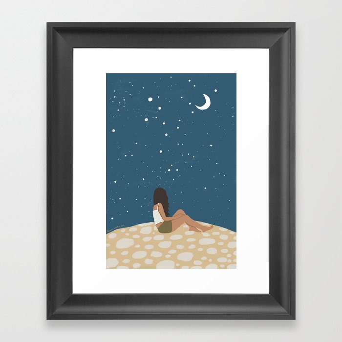 Modern Bohemian Night Moon Illustration, Woman Dreaming illustration Framed Art Print