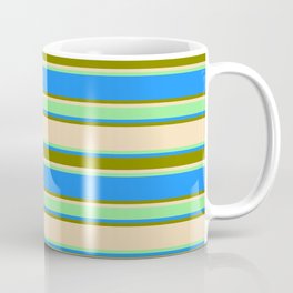 [ Thumbnail: Tan, Light Green, Blue, and Green Colored Lined/Striped Pattern Coffee Mug ]