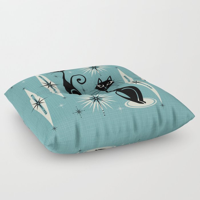 Mid Century Meow Retro Atomic Cats on Blue Floor Pillow