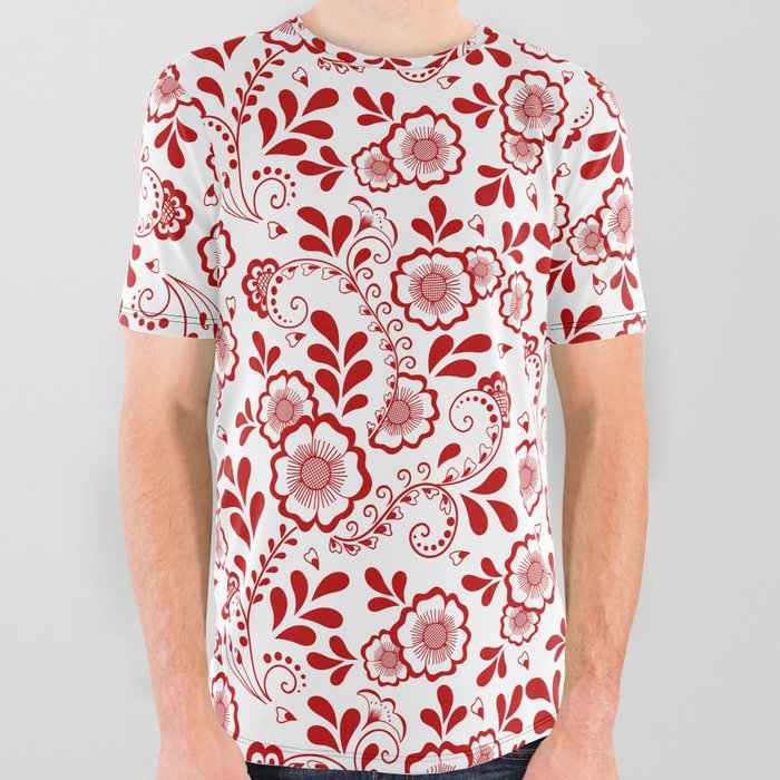 Red Eastern Floral Pattern All Over Graphic Tee