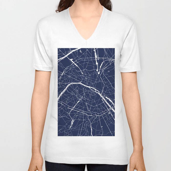 Paris France Minimal Street Map - Navy Blue and White Reverse V Neck T Shirt