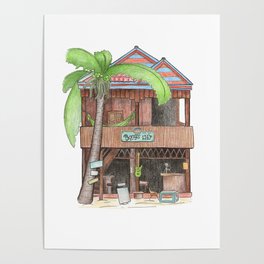 Tropical island hut with palm, travel sketch from Koh Rong island, Cambodia Poster