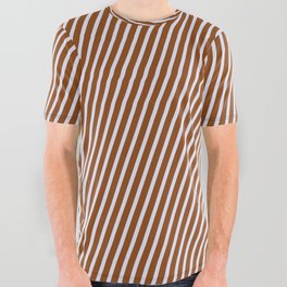 [ Thumbnail: Brown and Lavender Colored Stripes/Lines Pattern All Over Graphic Tee ]