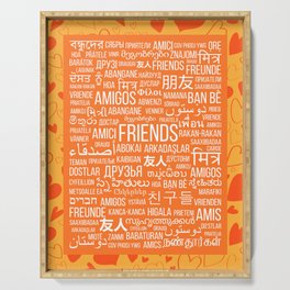 The word "Friends" in different languages of the world on an orange background with hearts Serving Tray