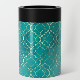 Teal Emerald Golden Moroccan Quatrefoil Pattern II Can Cooler