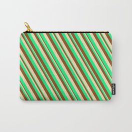 [ Thumbnail: Green, Brown & Beige Colored Lined/Striped Pattern Carry-All Pouch ]