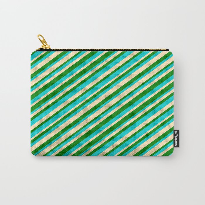 Dark Turquoise, Beige, and Green Colored Striped/Lined Pattern Carry-All Pouch