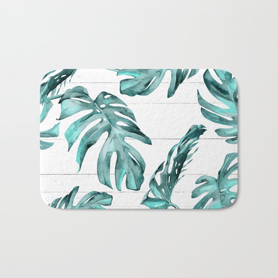 Turquoise Palm Leaves on White Wood Bath Mat