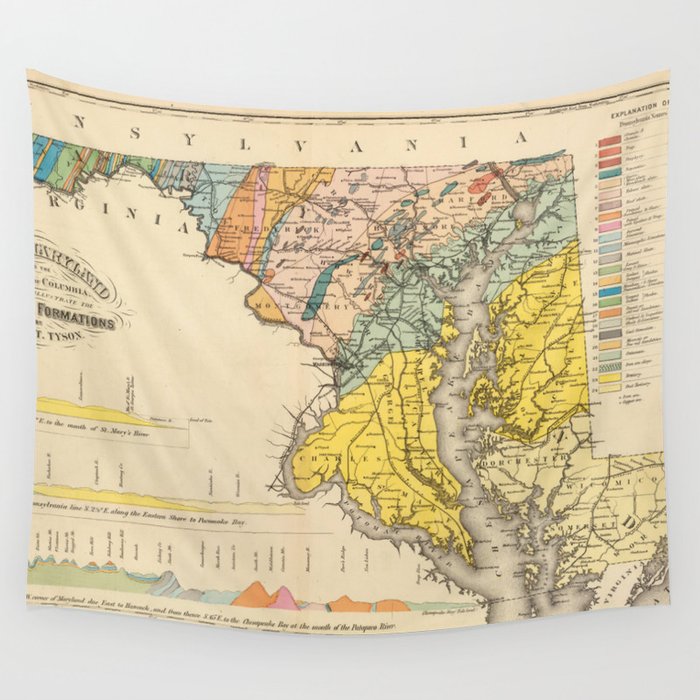 Vintage Geological Map of Maryland (1873) Wall Tapestry by BravuraMedia 