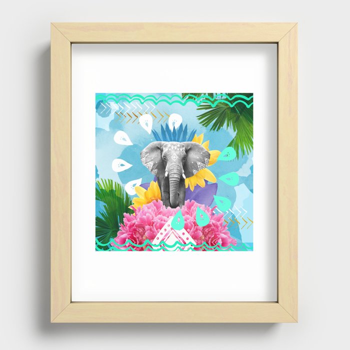 Elephant Festival - Blue Recessed Framed Print