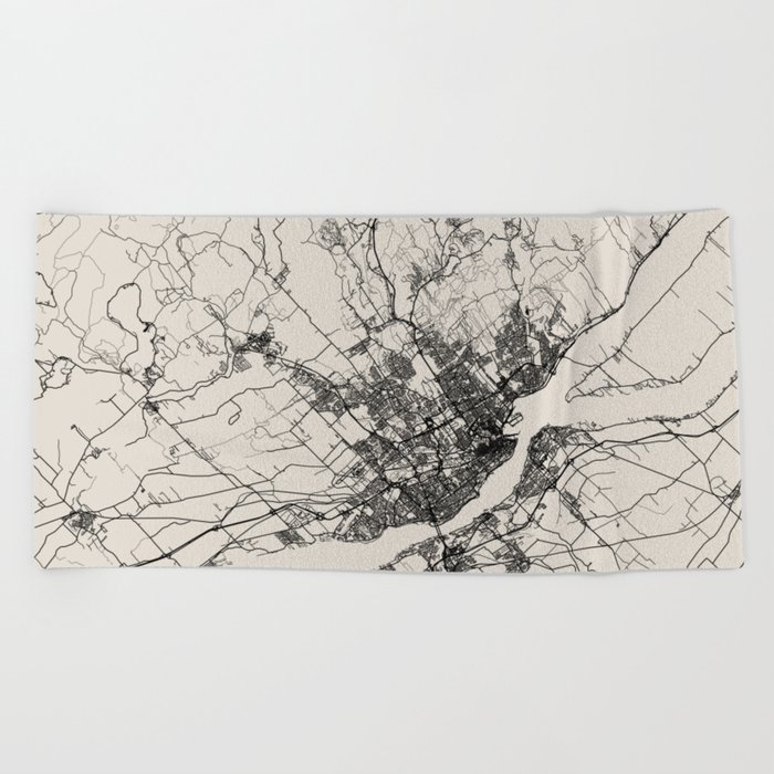 Quebec, Canada Map - Black and White Artistic  Beach Towel