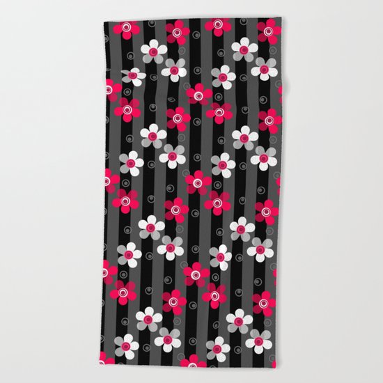 Crimson and white flowers on a black striped background Beach Towel