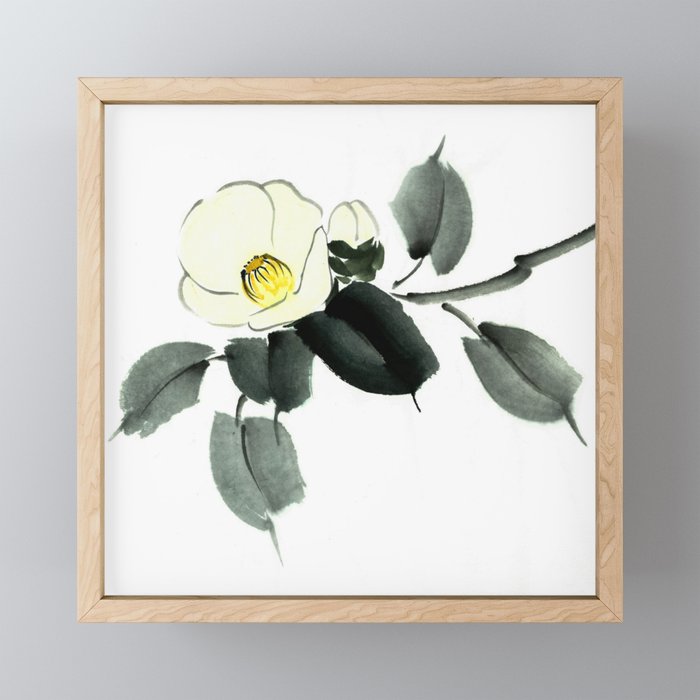 White camellia sumi ink and japanese watercolor painting Framed Mini Art Print