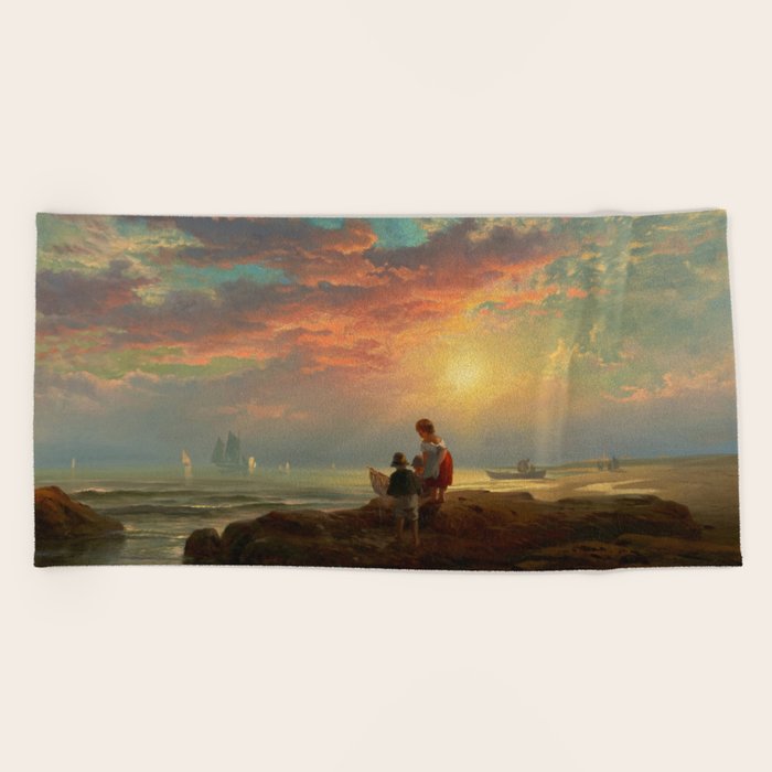 On the Beach at Dusk by Edward Moran Beach Towel