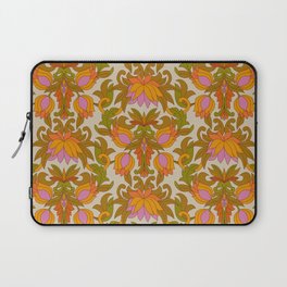 Orange, Pink Flowers and Green Leaves 1960s Retro Vintage Pattern Laptop Sleeve