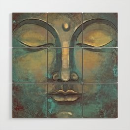 Rusty Golden Copper Buddha Face Watercolor Painting Wood Wall Art