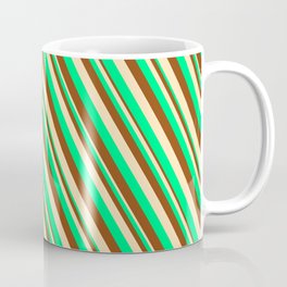 [ Thumbnail: Green, Brown & Beige Colored Lined/Striped Pattern Coffee Mug ]
