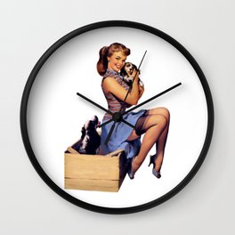 Brunette Pin Up Blue Skirt And Shoes Two Dogs Puppies Wall Clock