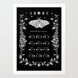 2023 Full Moon Calendar - Witchy Garden Art Print | Moth, Foxglove, Moonlight, Fullmooncalendar, Wicca, Magical, Blackandwhite, Nocturnal, Inkpen, Stingingnettle 