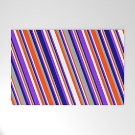 [ Thumbnail: Eyecatching Blue, Dark Grey, Red, White, and Purple Colored Stripes/Lines Pattern Welcome Mat ]