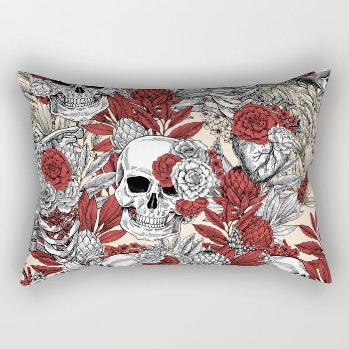 Skulls and Flowers Black Red White Beige Vintage Rectangular Pillow