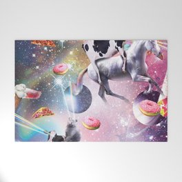 Space Cat Cow Unicorn Riding, Rainbow Laser Eyes Welcome Mat