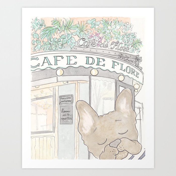French Bulldog in Paris at Cafe de Flore Art Print