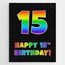 [ Thumbnail: HAPPY 15TH BIRTHDAY - Multicolored Rainbow Spectrum Gradient Jigsaw Puzzle ]