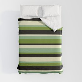 [ Thumbnail: Dark Sea Green, Green, Black & Light Yellow Colored Striped/Lined Pattern Duvet Cover ]