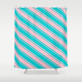 [ Thumbnail: Dark Turquoise and Pink Colored Striped Pattern Shower Curtain ]