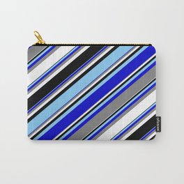 [ Thumbnail: Light Sky Blue, Blue, Gray, White, and Black Colored Striped Pattern Carry-All Pouch ]