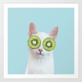 Relaxing cat with fruits mask in blue Art Print