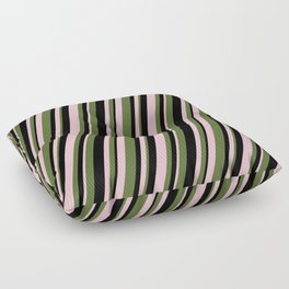 [ Thumbnail: Pink, Dark Olive Green & Black Colored Stripes Pattern Floor Pillow ]